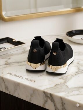 Michael Kors NEW Women’s Black Knit Slip-On Sneakers with Gold Accents